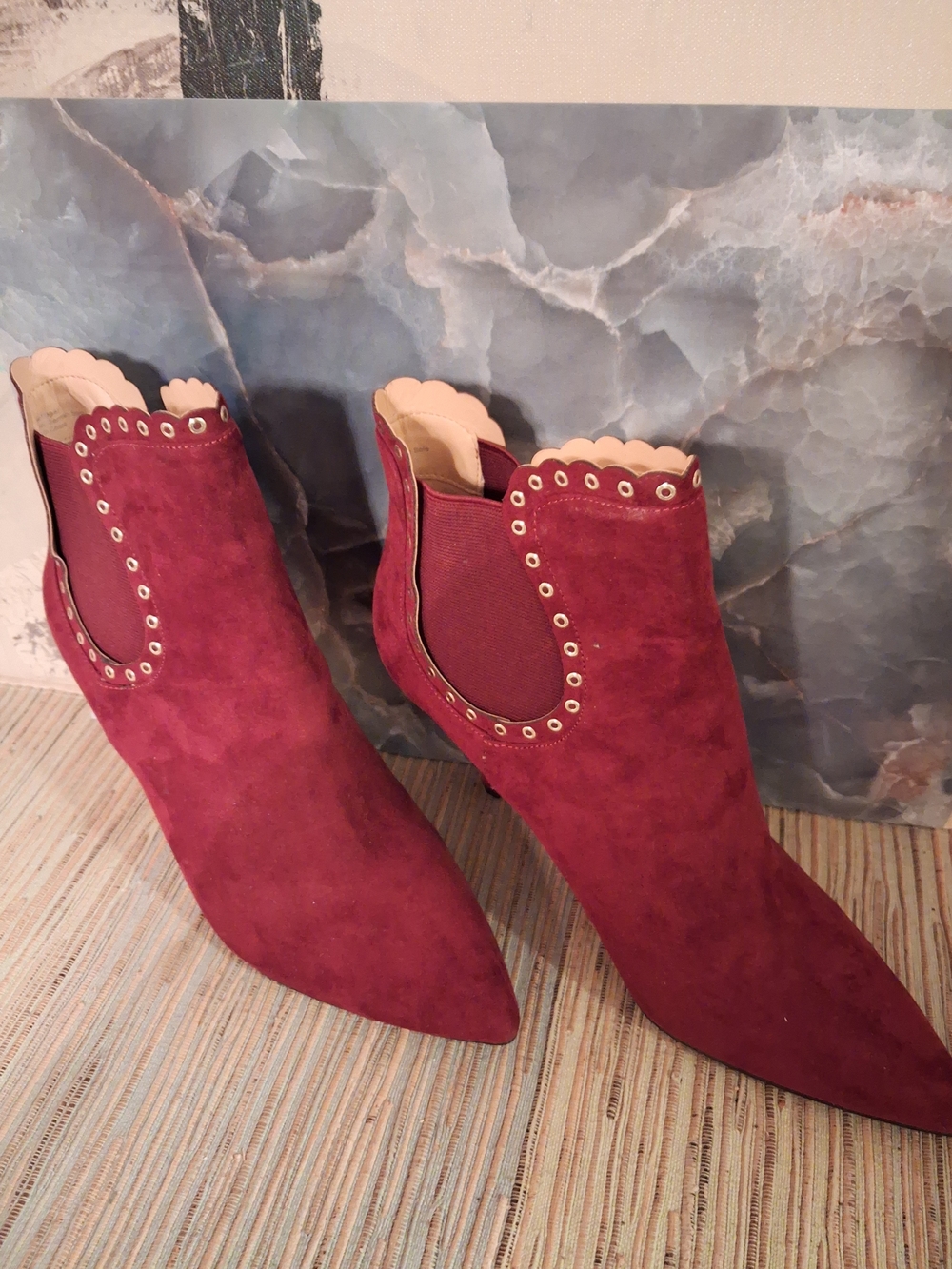 Badgley Mischka Burgundy Suede Pointed Ankle Booties with Scalloped Topline